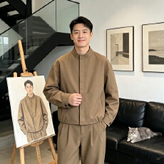 批发极简老钱风咖色暗门襟圆领外套男美式复古哈灵顿短款飞行夹克上衣