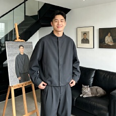 批发极简老钱风咖色暗门襟圆领外套男美式复古哈灵顿短款飞行夹克上衣