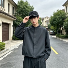 批发极简老钱风咖色暗门襟圆领外套男美式复古哈灵顿短款飞行夹克上衣