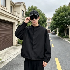 批发极简老钱风咖色暗门襟圆领外套男美式复古哈灵顿短款飞行夹克上衣