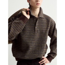 批发<b class='q'>男士</b>复古条纹Polo领针织衫秋季慵懒松弛感翻领毛衣宽松<b class='q'>休闲</b>上衣