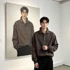 批发<b class='q'>男士</b>复古条纹Polo领针织衫秋季慵懒松弛感翻领毛衣宽松<b class='q'>休闲</b>上衣