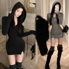 批发纯欲风辣妹紧身连帽包臀裙女<b class='q'>春</b>秋独特别致小个子收腰甜美连衣裙子