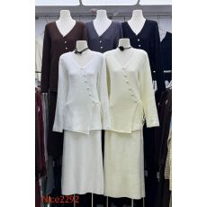 批发侧边纽扣V领长袖绑带<b class='q'>不规则</b>纯色早秋女装俩件套套装新款