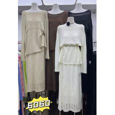 批发欧洲站女装早秋新款圆领长袖针织镂空上衣＋针织镂空边<b class='q'>半身裙</b>套装