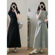 批发大码胖mm设计感系带收腰连衣裙女2026夏季<b class='q'>时尚</b>洋气显瘦休闲T恤裙