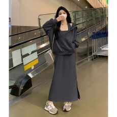 批发秋季新款洋气减龄显瘦套装女大码卫衣遮肉两件套<b class='q'>连衣裙</b>子胖MM女装
