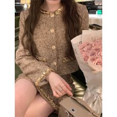 批发高级感小香风金色编织亮片羊毛呢短外套女圆领钉珠洋气短裙套装