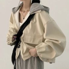 批发韩国chic秋冬复古洋气拉链大口袋休闲宽松百搭<b class='q'>短</b>款连帽皮衣<b class='q'>外套女</b>