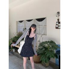 批发甜辣妹套装小个子碎花裙灰色开衫外套女春季吊带连衣裙短裙两件套