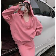 批发秋季新款洋气减龄显瘦套装女大码卫衣遮肉两件套<b class='q'>连衣裙</b>子胖MM女装