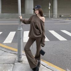 批发2026春季<b class='q'>新款</b>韩版时尚辣妹露肩斜领卫衣高腰抽绳阔腿微喇<b class='q'>裤</b>套<b class='q'>装</b>女