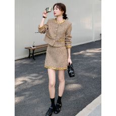 批发高级感小香风金色编织亮片羊<b class='q'>毛呢</b>短<b class='q'>外套女</b>圆领钉珠洋气短裙套装