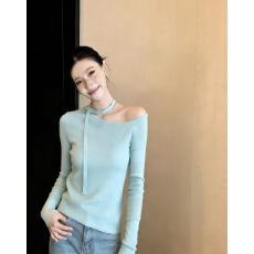 批发温柔斜肩飘带打底针织衫女春秋新款高级感<b class='q'>修身</b>显瘦内搭长袖上衣潮