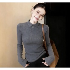 批发灰色翻领针织<b class='q'>打底衫</b>女秋冬内搭2026年新款高级感气质<b class='q'>修身</b>显瘦上衣