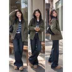 批发韩系做旧水洗立领工装<b class='q'>外套</b>女宽松多口袋中长款休闲夹克 2026 秋季