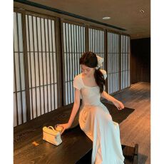 批发重工气质方领镂空天丝针织大摆洋装收腰长裙女夏新款白