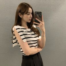 批发法式一字肩条纹<b class='q'>针织</b>衫女夏季冰丝荷叶边修身短款半袖外穿<b class='q'>上衣</b>短袖