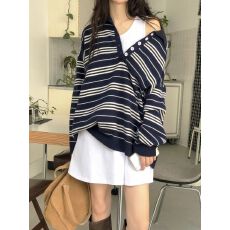 批发2025新款韩系松弛感polo领条纹毛衣慵懒宽松<b class='q'>针织</b>衫