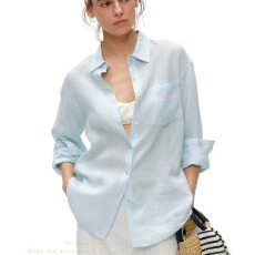 批发设计感亚麻翻领<b class='q'>衬衫</b>女春夏法式老钱风蓝色松垮感气质上衣