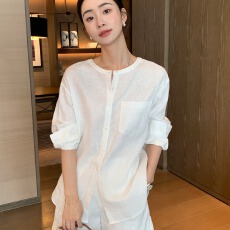 批发山茶花亚麻<b class='q'>衬衫</b>度假风无领宽松上衣女开衫轻薄<b class='q'>衬衣</b>夏
