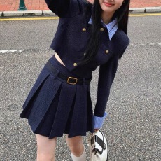 批发EGGKA 法式假两件小香风短外套半身裙套装美式复古学院风<b class='q'>冬</b>新款