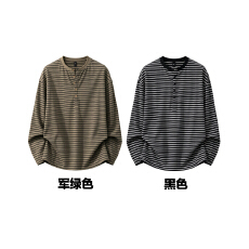批发M-3XL(260克纯棉华棉复合仿棉)条纹排扣长袖T恤 支持开票