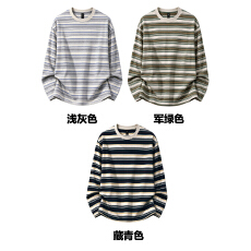 批发M-3XL(260克纯棉华棉复合仿棉)圆领条纹长袖t恤 支持开票