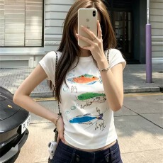 批发韩系纯欲风纯棉-220克 92%棉8%氨纶 正肩短袖T恤女印花