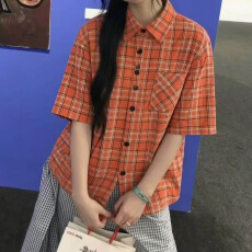 批发复古美式橙色设计格纹<b class='q'>短</b>袖衬衫男女宽松情侣格子衬衣百搭休闲外套