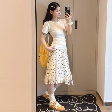 批发白色不规则波点<b class='q'>半身裙</b>女夏季2026新款高腰显瘦a字中<b class='q'>长款</b>花边纱裙