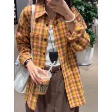 批发港味复古chic黄色格子<b class='q'>衬衫</b>女内搭叠穿宽松休闲百搭中长款<b class='q'>衬衣</b>外穿