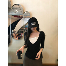 批发260克人棉黑色V领假两件天丝t恤女早秋显瘦内搭打底上衣