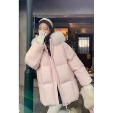 批发粉色羽<b class='q'>绒</b>棉服冬连帽加厚大毛领中长款小个子面包服外套棉衣
