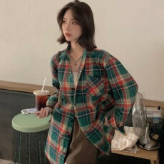批发原版面料 时尚女复古格子<b class='q'>衬衫</b>春秋新款港味上衣<b class='q'>长袖</b>高级感日系