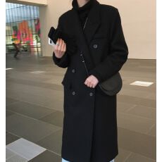 批发2026冬季新款双排扣西装领毛呢子大衣女中<b class='q'>长款</b>直筒黑色毛呢外套女