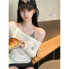 批发人棉早秋季新款收腰显瘦休闲斜肩露肩长袖T恤灰色<b class='q'>吊带</b>背心两件套