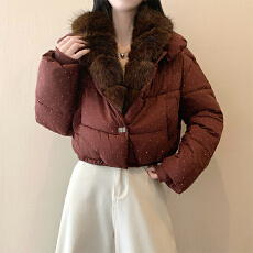 批发大毛领镶钻冬季新款羽绒棉服女宽松加厚小个子韩系棉袄面包服外套