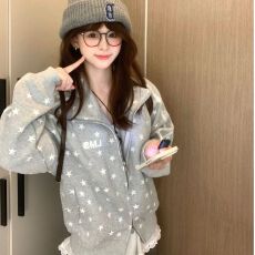 批发美式立领开衫外套卫衣女2026新款秋季薄款设计感条纹长袖宽松上衣