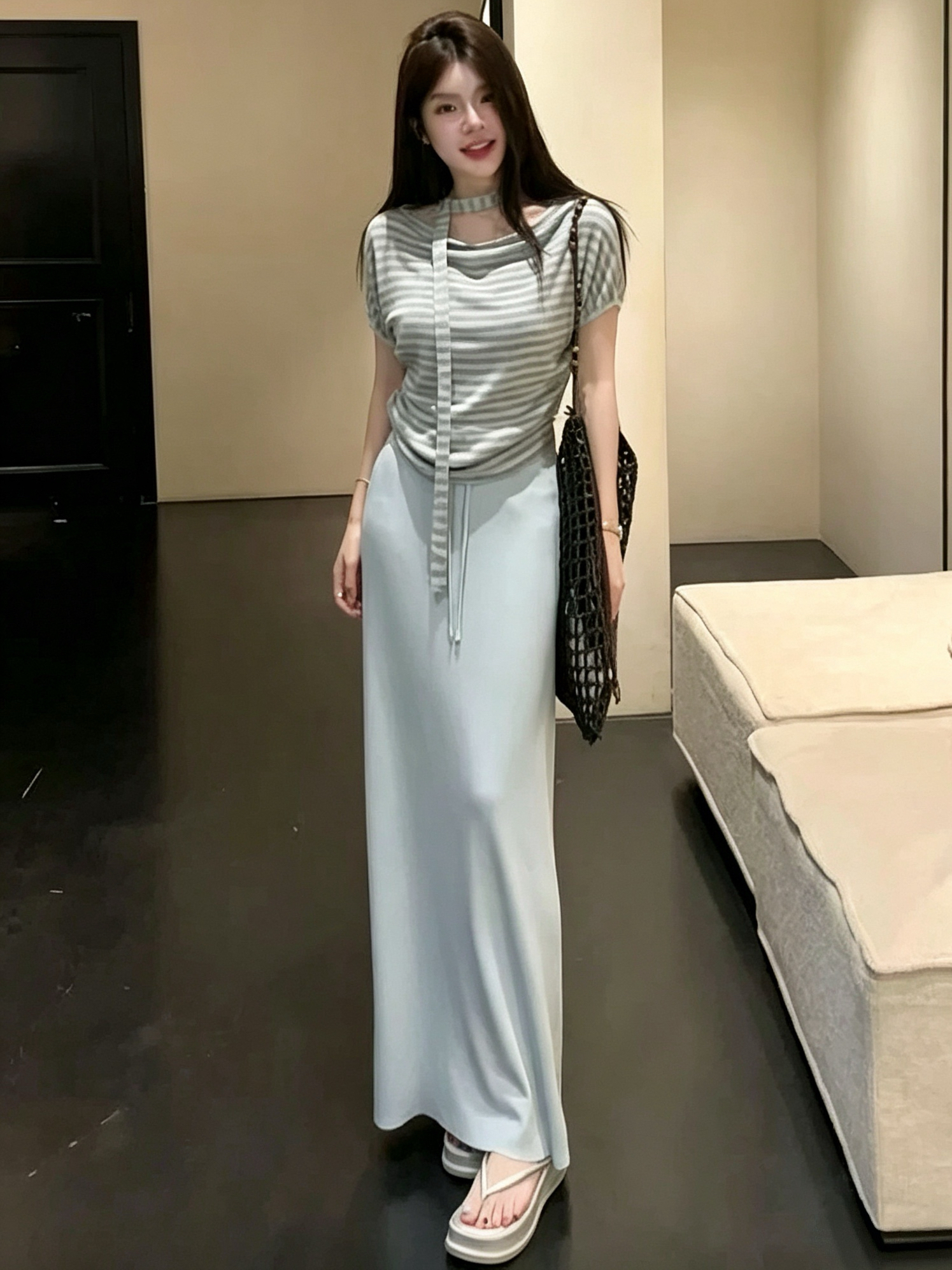新款灰色蓝色针织套装多种穿法设计时尚两件套   服裝批發女裝批發服飾貨源