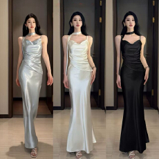 批发法式名媛缎面鱼尾裙女夏季假两件吊带包臀裙高级感气质<b class='q'>礼服</b>连衣裙