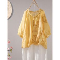 批发文艺高端国风刺绣复古木耳绣花<b class='q'>衬衫</b>宽松夏季显瘦薄款半袖套头上衣