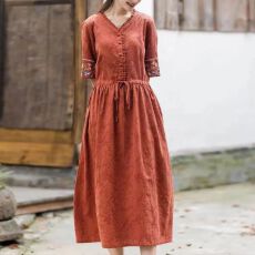 批发中国风提花刺绣V领<b class='q'>连衣裙</b>女2026夏季宽松显瘦系带收腰气质长裙子