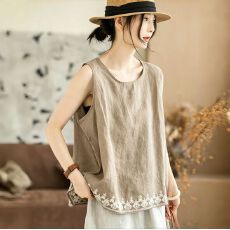 批发纯棉<b class='q'>棉麻</b><b class='q'>吊带</b><b class='q'>背心</b>女宽松V领内搭刺绣上衣