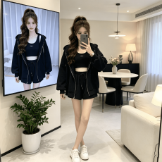 批发韩系甜妹三件套<b class='q'>女</b>春秋宽松连帽<b class='q'>卫衣</b>外套+背心+高腰短裤休闲<b class='q'>套装</b>