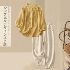 批发两件套两件套棉麻刺绣小个子套装洋气哈伦裤<b class='q'>妈妈装</b><b class='q'>夏</b>款衬衫文艺