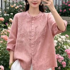批发复古文艺<b class='q'>妈妈</b>刺绣衬衫休闲夏季薄款七分新款袖小衫宽松显瘦上衣