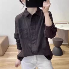 批发韩国双排扣纯棉<b class='q'>长袖</b>衬衫女春秋polo领内搭上衣宽松设计感打底衬衣
