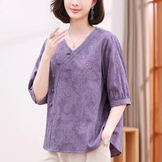 批发文艺复古中年<b class='q'>妈妈</b>棉麻五分袖短袖T恤衫套装女夏季棉麻中国风上衣