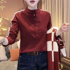 批发时尚立领两条杠撞色单排扣<b class='q'>长袖</b>2026早秋新款修身显瘦可内搭上衣女